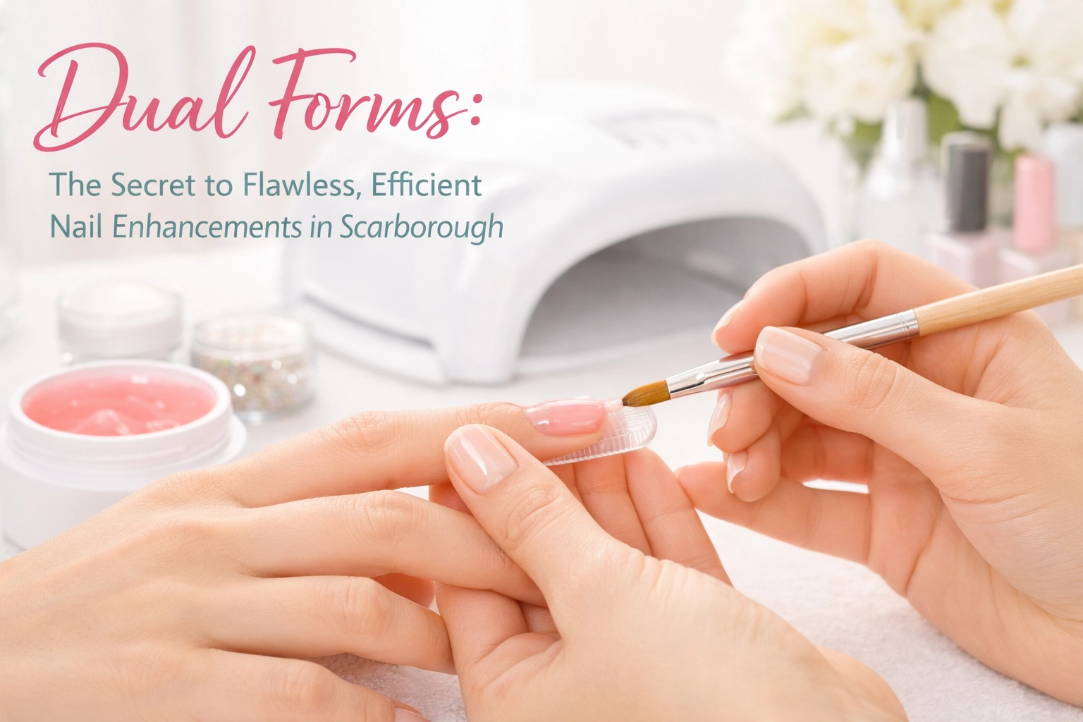 A nail technician shaping flawless extensions using dual form nail enhancements.