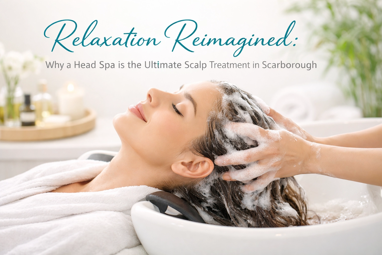 A relaxing head spa scalp treatment being performed in a serene salon room.