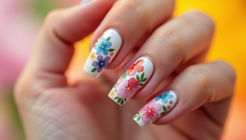 Bright summer nail designs in tropical and neon shades on manicured hands.