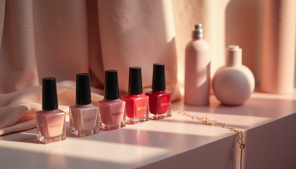 Luxe glossy nails photographed against a soft neutral backdrop.